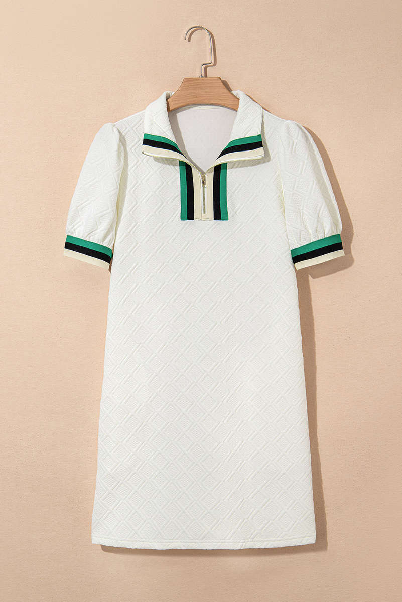 White Textured Jacquard Colorblock Edge Puff Sleeve Quarter Zip Mini Dress
