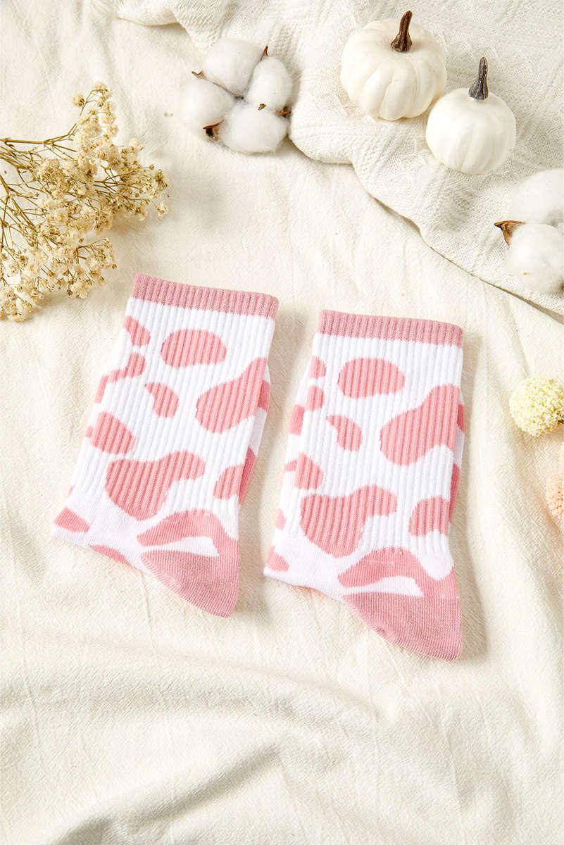 Pink Cow Print Ribbed Detail Crew Socks