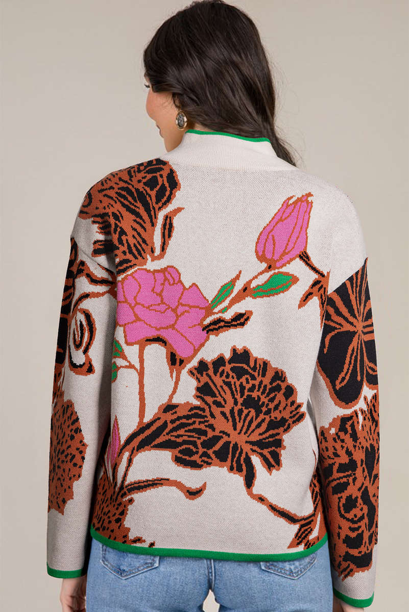 Khaki Floral Pattern Knit Quarter Zip Stand Neck Sweater