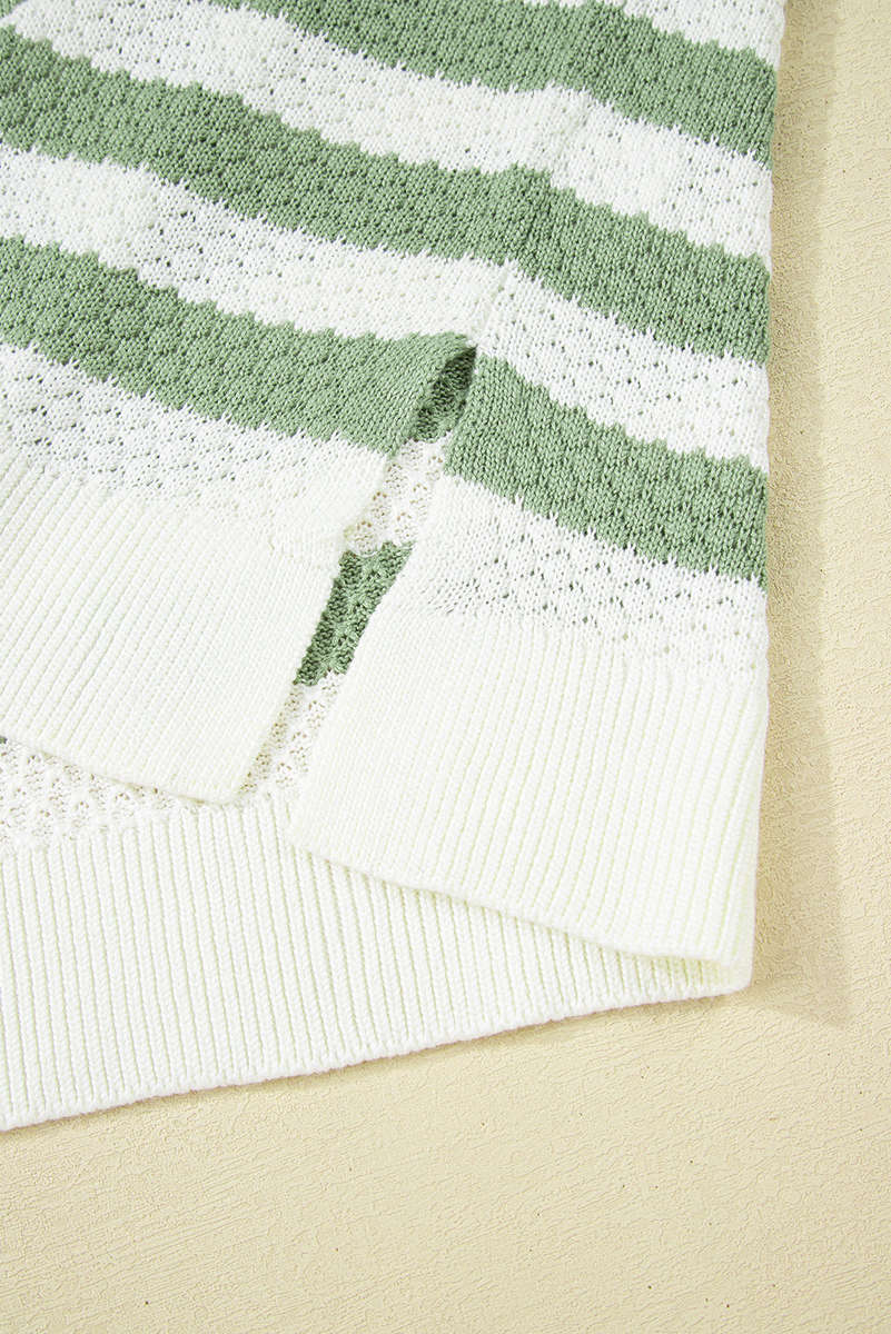 Green Stripe V Neck Short Sleeve Sweater with Side Slits