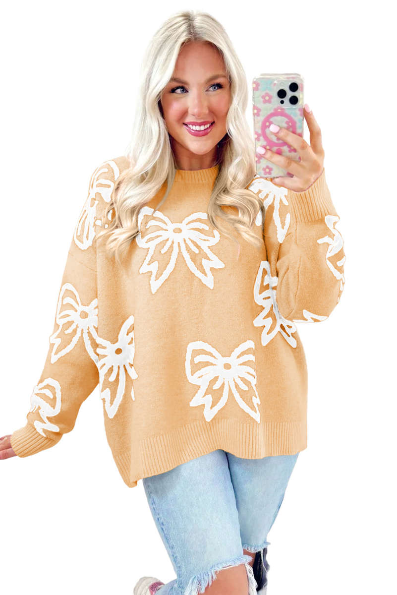 Golden Fleece Bow Pattern Drop Shoulder Loose Sweater