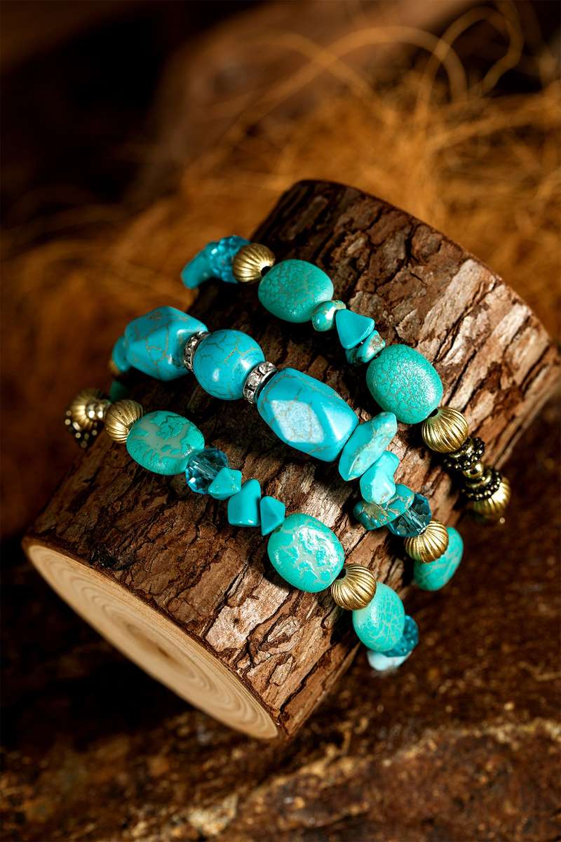 Turquoise Bohemian Style Crystal Stone Plated Bead Multi-Layer Winding Bracelet
