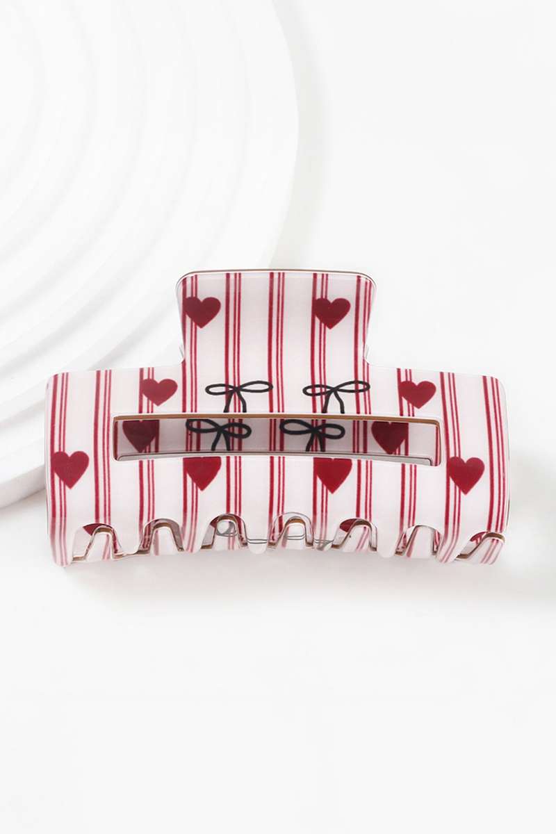 Fiery Red Striped Heart Contrast Bow Printed Rectangle Hair Claw Clip