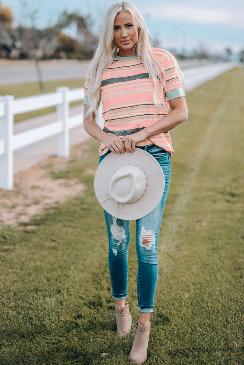 Pink Multicolor Stripes Crew Neck T Shirt