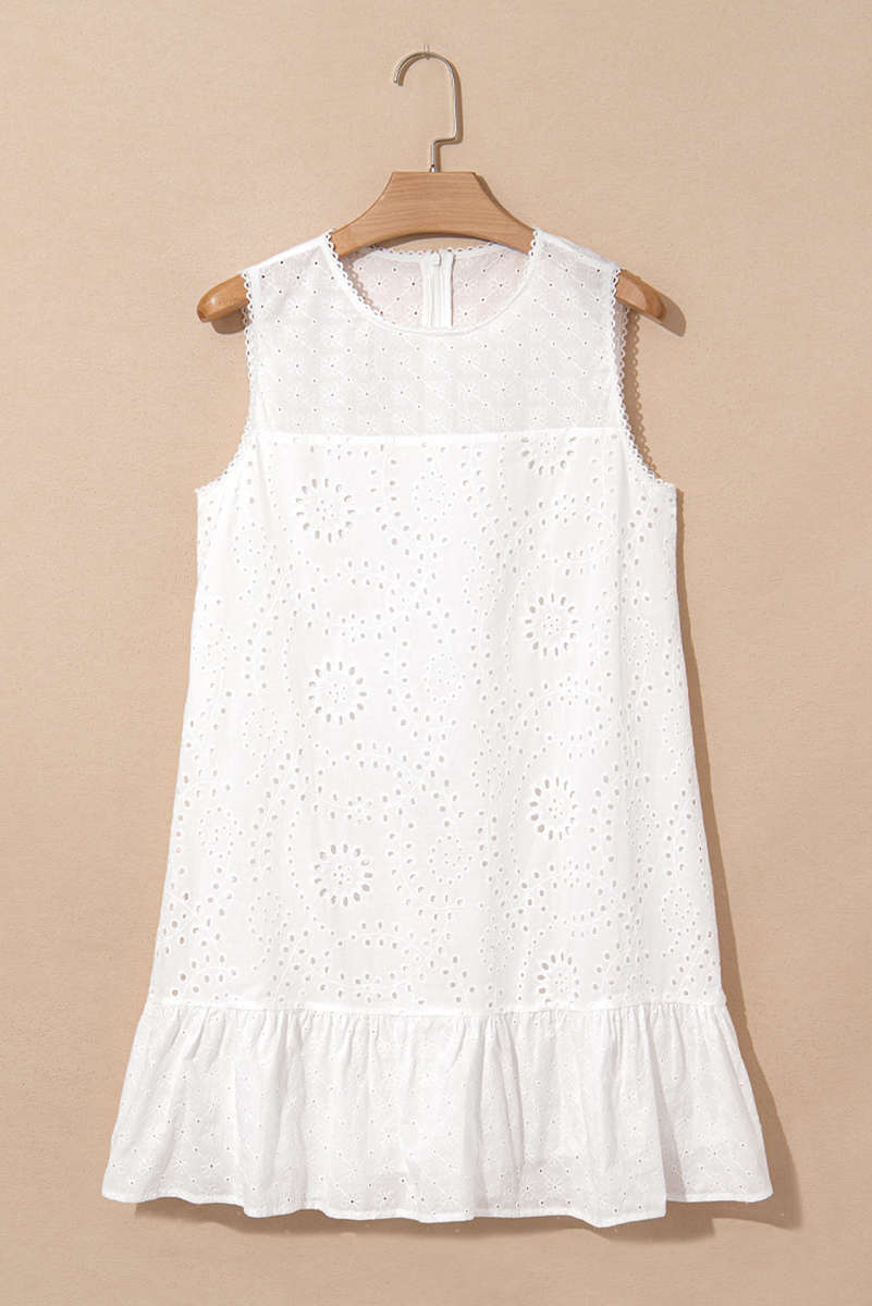 White Floral Eyelet Embroidered Sleeveless Shift Dress