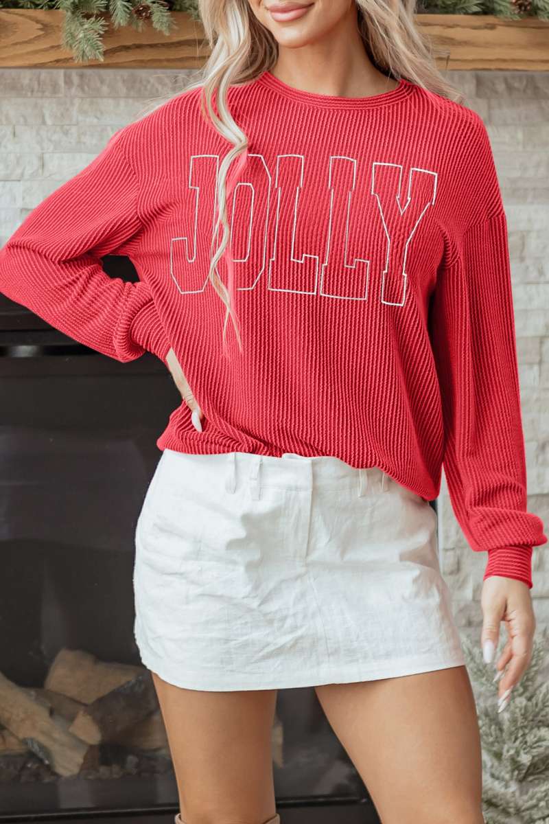 Racing Red Twisted Rib Outlined Merry Letter Graphic Loose Long Sleeve Top