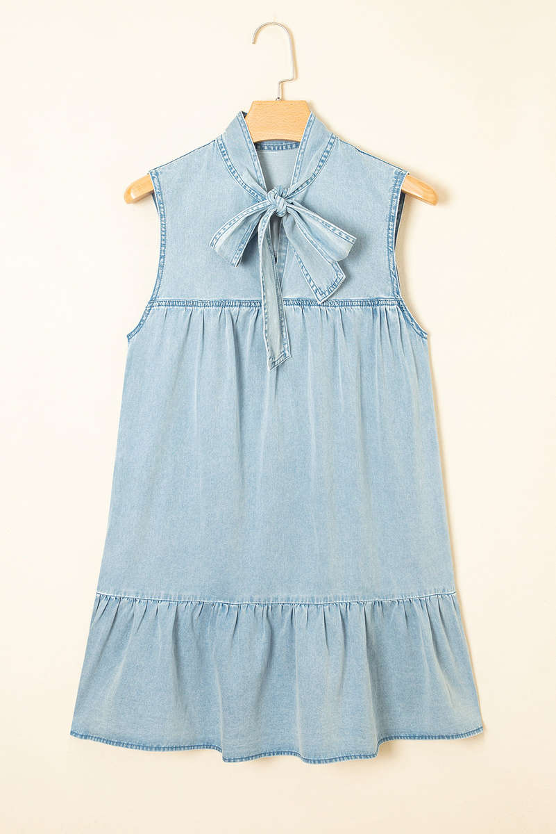 Beau Blue Bowknot Neck Sleeveless Ruffled Chambray Dress