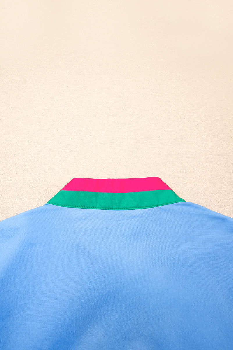 Sky Blue Contrast Striped V Neck Collision Short Puff Sleeve Blouse