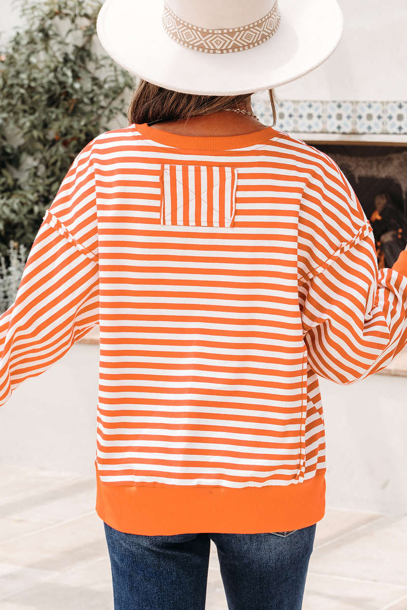 Orange Stripe Exposed Seam Drop Shoulder Casual Pullover Top