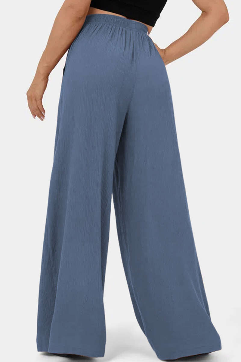 Sail Blue High Waisted Tie Front Side Pocket Wide Leg Flowy Casual Pants
