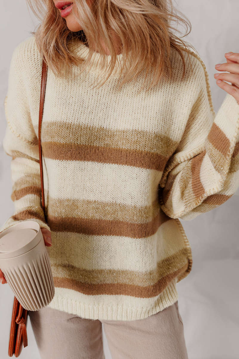 Khaki Stripe Exposed Seam Drop Shoulder Knit Baggy Sweater