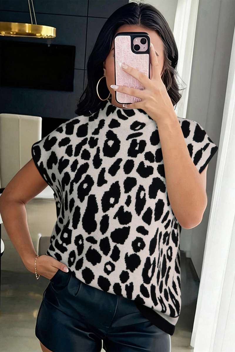 Black Leopard Print High Neck Short Sleeve Sweater
