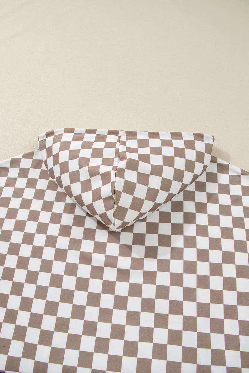 Khaki Double Checkered Patchwork Tie Neck Oversize Hoodie