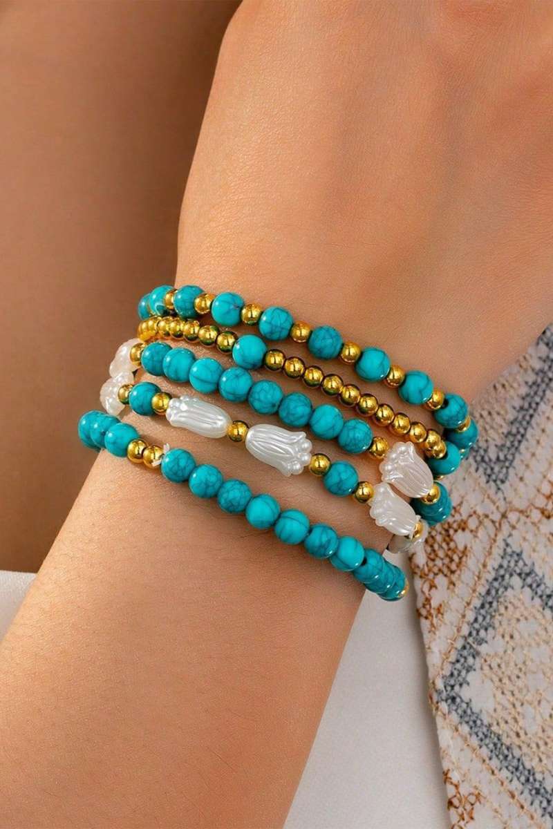 Turquoise Mixed Golden Beads Pearlish Detail 5pcs Bracelet Set