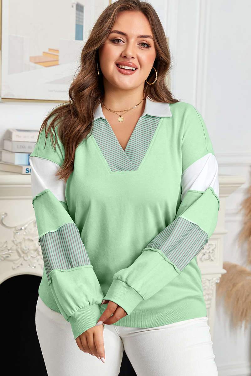 Moonlight Jade Color Block Striped Patchwork Collar V Neck Plus Size Sweatshirt