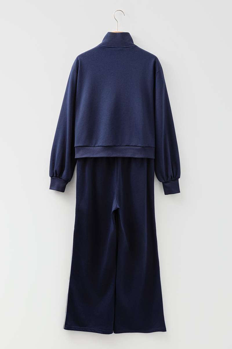 Navy Blue Contrast Piping Zipped Pullover Cropped Pants Set