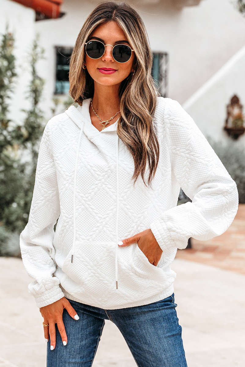 White Cable Lattice Texture Kangaroo Pocket Hoodie