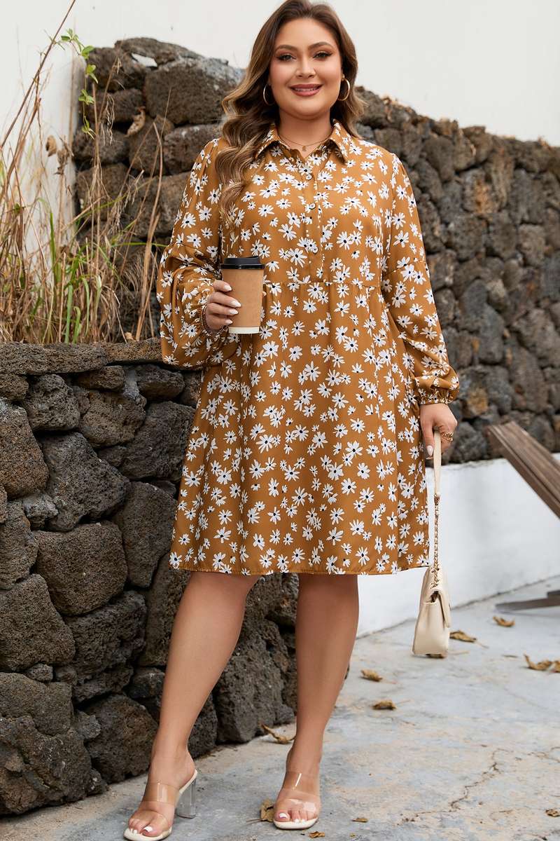 Khaki Plus Size Daisy Floral Print Button Split Neck Puff Sleeve Dress