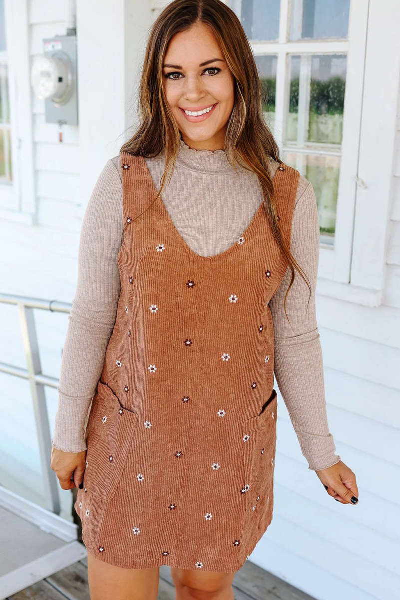 Gold Flame Flower Embroidered Corduroy Overall Mini Dress