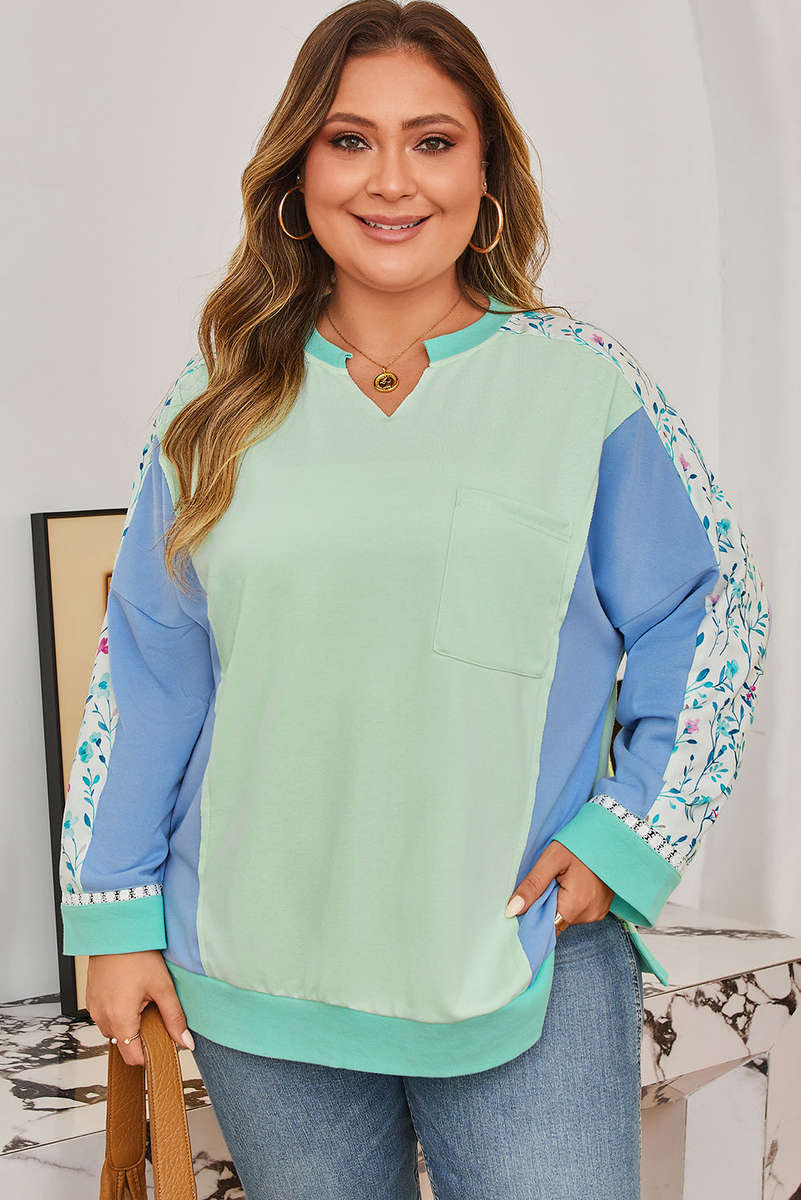 Green Color Block Floral Patchwork Long Sleeve Notched Neck Plus Size Top