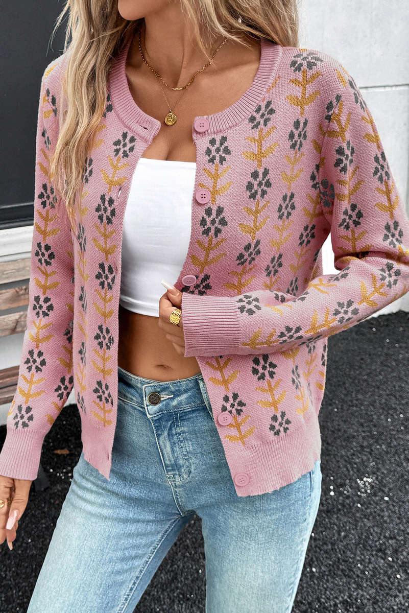 Pink Floral Button Down Ribbed Banded Cardigan Sweater
