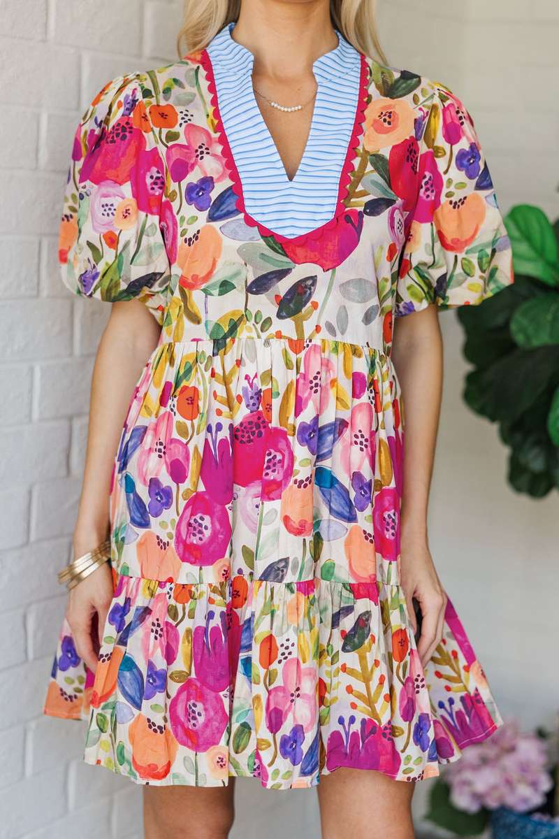 Rose Bright Floral Print Ricrac Trim Striped Patchwork V Neck Dress
