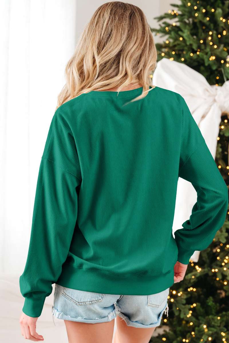 Dark Green merry little thing Corded Letter Graphic Ribbed Loose Sweatshirt