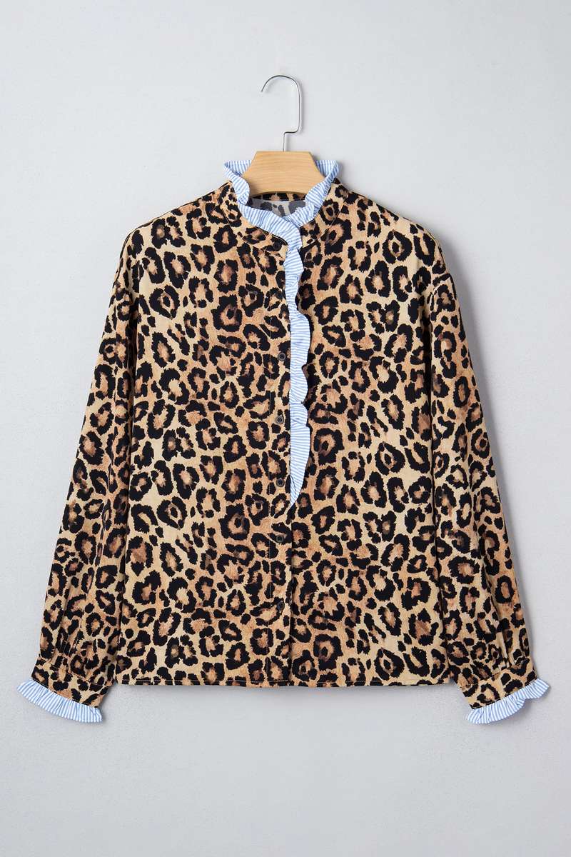 Brown Wild Leopard Print Contrast Striped Frilled Trim Chic Shirt