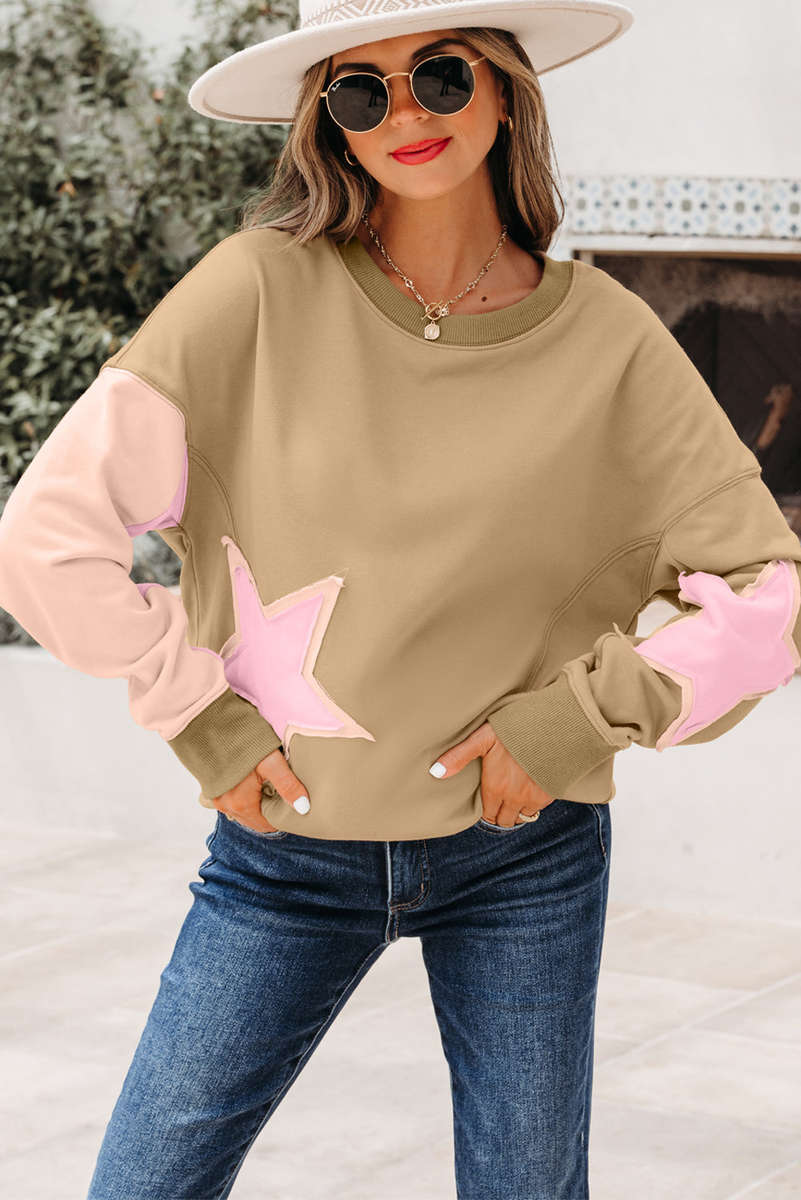Sage Green Contrast Star Patchwork Exposed Seam Uneven Hem Drop Shoulder Sweatshirt