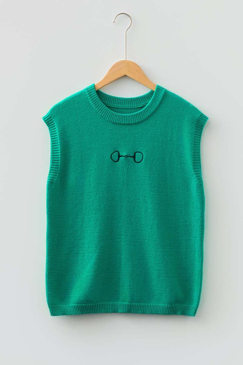 Bright Green Horse Bit Embroidered Loose Short Sleeve Sweater