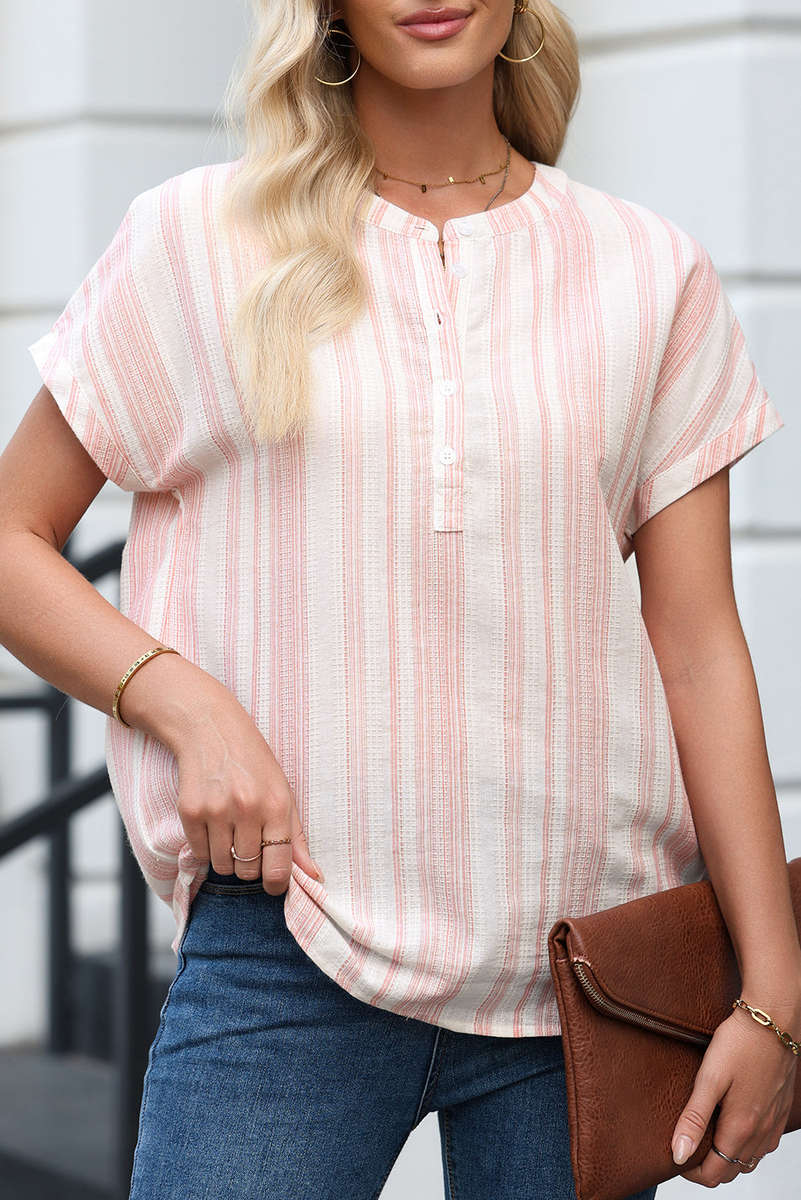 Fiery Red Breathable Gauze Half Button Short Sleeve Casual Blouse