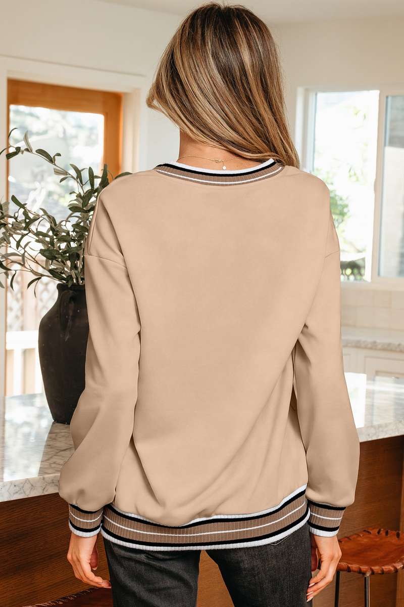 Parchment Varsity Contrast Striped Trim V Neck Sweatshirt