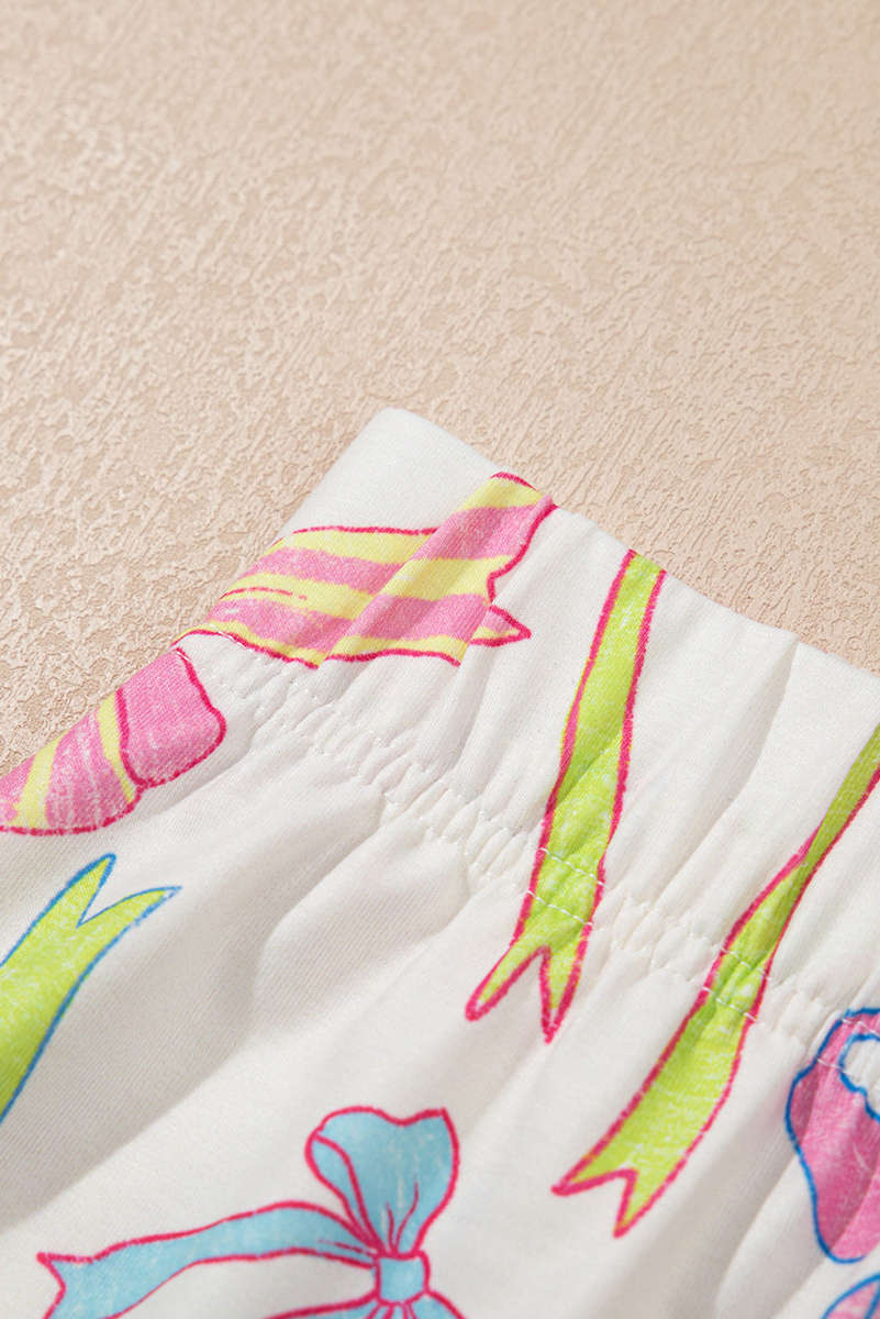 White Cheerful Bow Print Elastic Pull On Casual Shorts