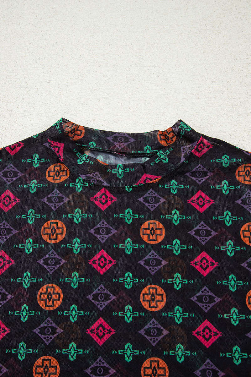 Black Western Aztec Printed Long Sleeve Mesh Top