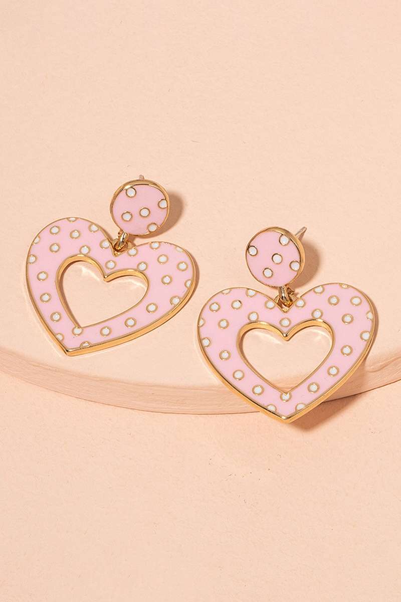 Pink Glaze Heart Polka Dot Stud Earrings