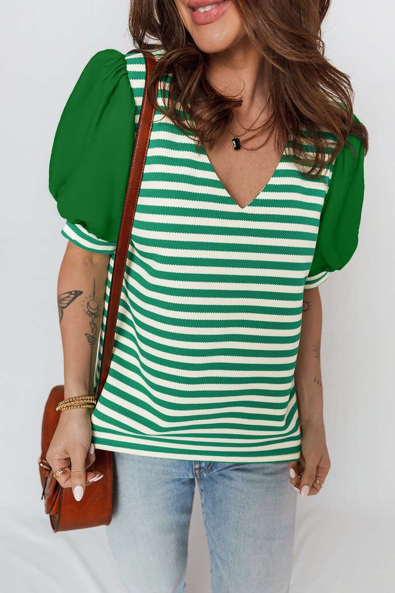 Green Stripe Puff Short Sleeve Patchwork V Neck Blouse