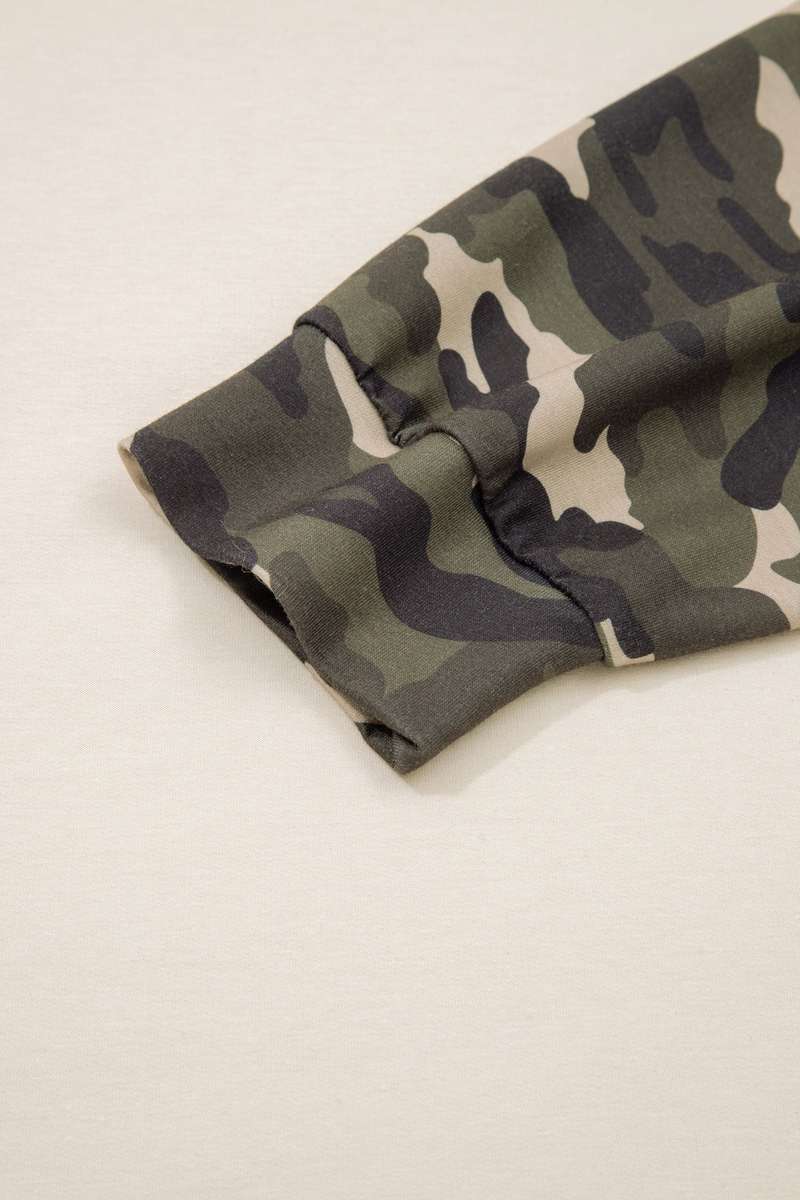 Apricot Camo Print Patchwork Sleeve Raw Hem Plus Size Sweatshirt