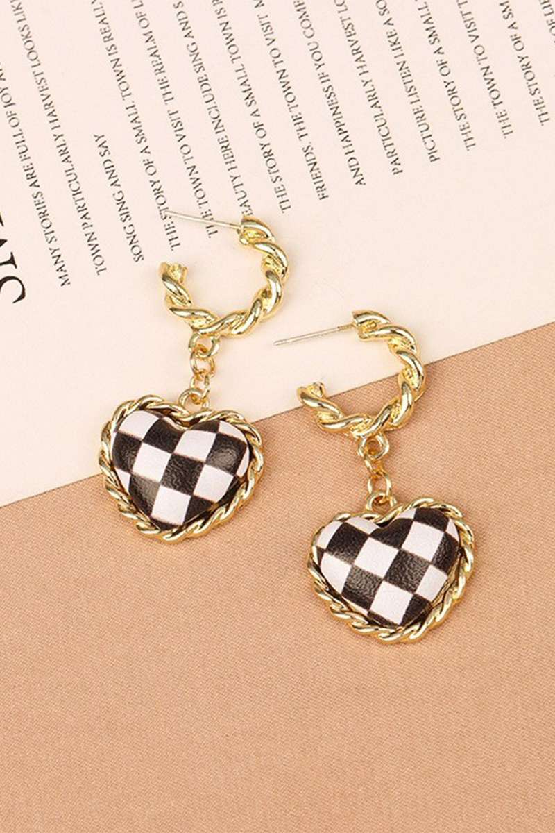 Black Checkered Heart Dangle Gold Plated Twisted Hoop Stud Earrings