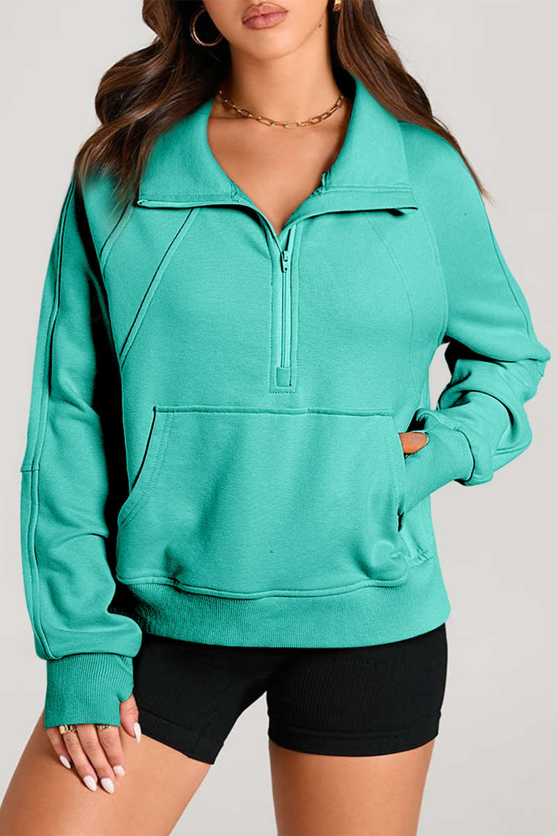 Aruba Blue Quarter Zip Stand Neck Kangaroo Pocket Sweatshirt