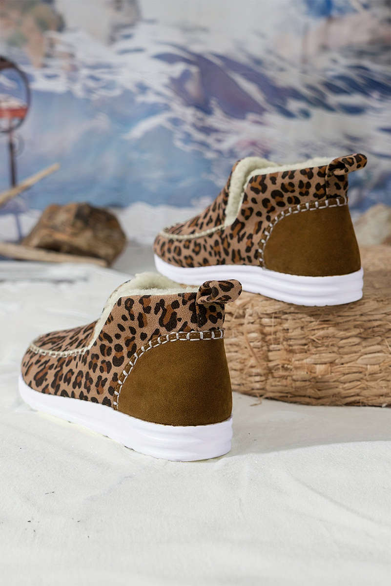 Brown Leopard Print Ankle Patched Flat Winter Fur Boots