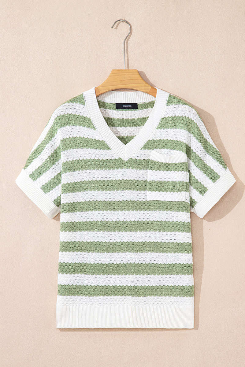 Green Stripe V Neck Short Sleeve Sweater with Side Slits