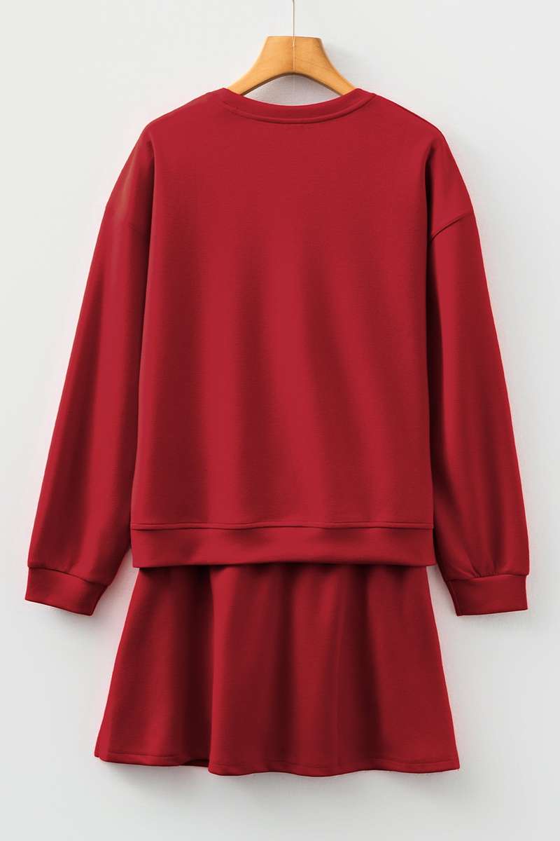 Racing Red Solid Color Drop Shoulder Pullover Drawstring Mini Skirt 2pcs Outfit