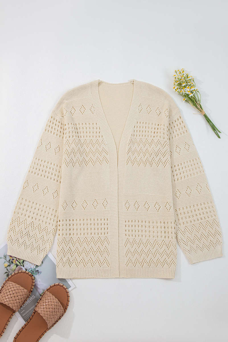 Smoke Gray Solid Color Hollowed Knit Open Front Cardigan Sweater