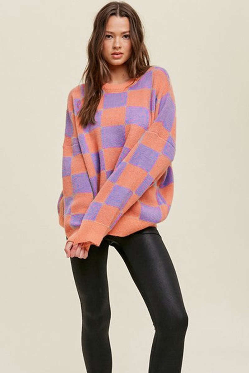 Grapefruit Orange Checkered Pattern Ribbed Trim Knit Baggy Sweater