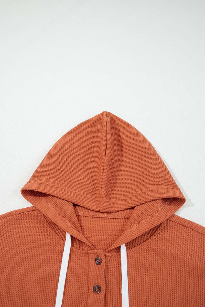 Cinnamon Waffle Printed Patchwork Drawstring Hooded Long Sleeve Top