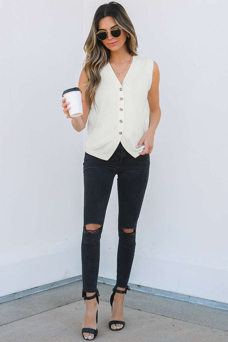 White V Neck Buttoned Sweater Vest
