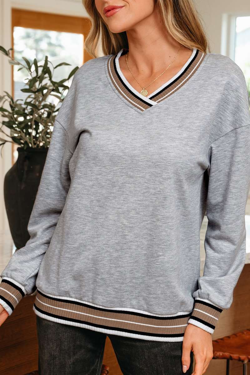 Gray Varsity Contrast Striped Trim V Neck Sweatshirt