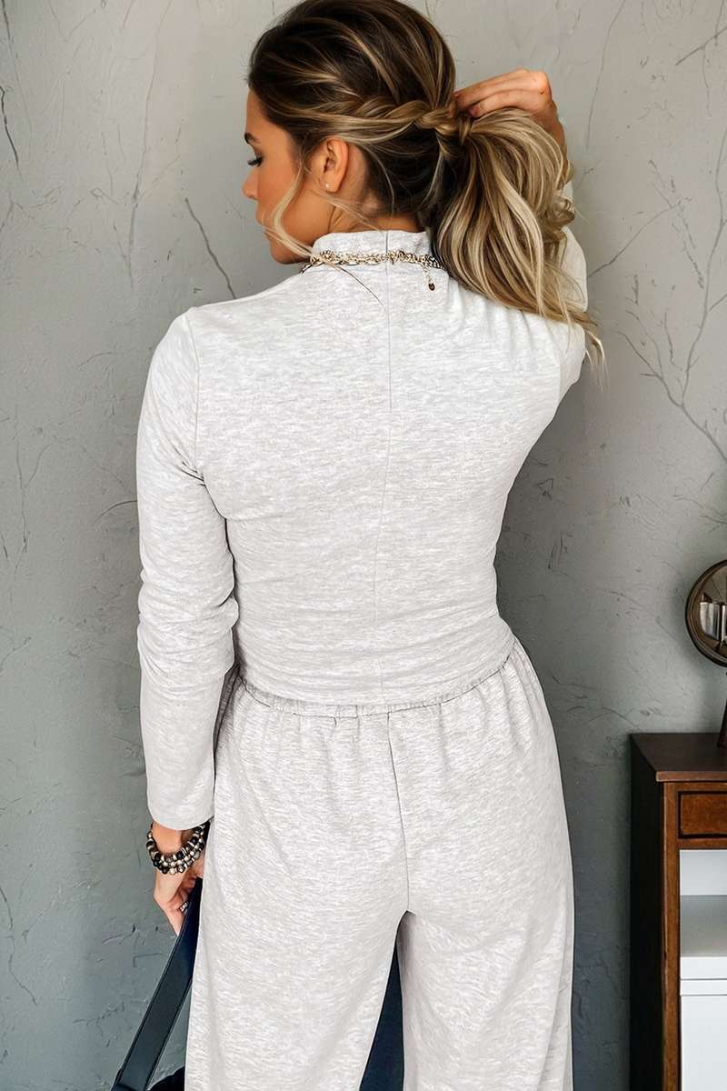 Light Grey Long Sleeve High Neck Slim Top Smocked Waist Central Seam Pants Set
