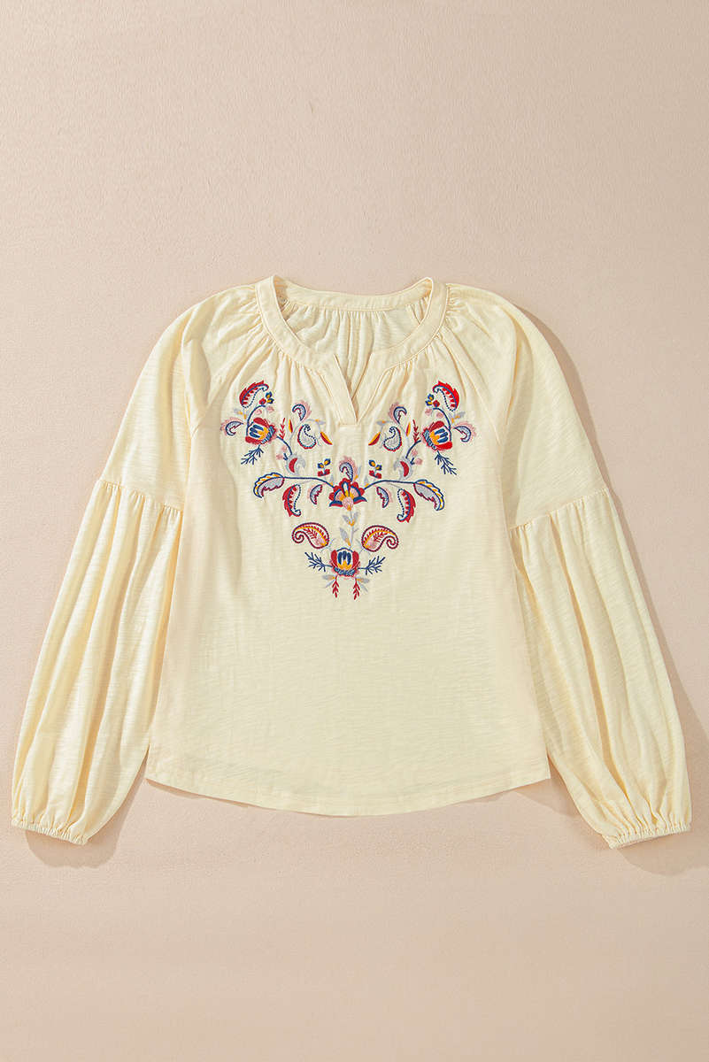 Apricot Paisley Floral Embroidered Notch V Neck Blouse