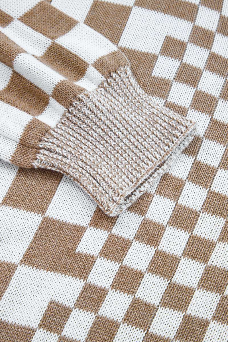 Brown Plus Size Checkered Bubble Sleeve Drop Shoulder Open Cardigan